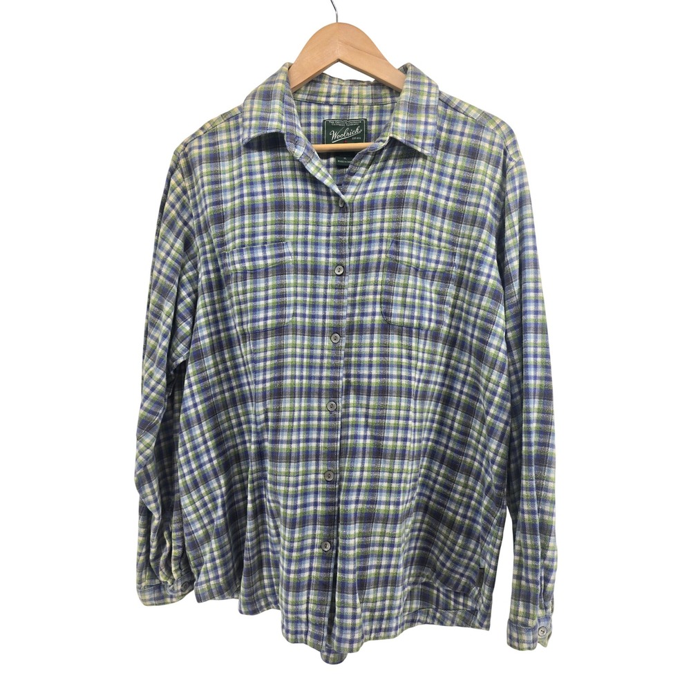 Woolrich Flannel Shirt Womens XL Plaid Blue Green Button Down EUC